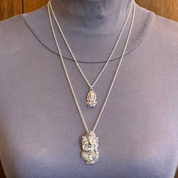 “Lucky Ganesh” Silver Hindu Elephant God Handmade 2-Layer Adjustable Necklace - Picture 4 of 16